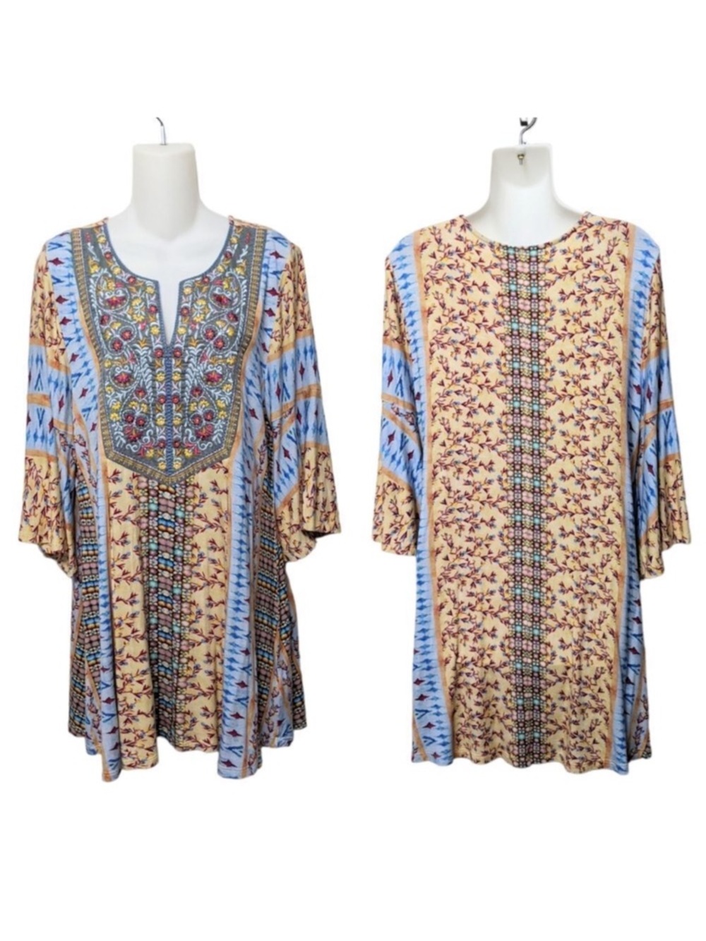 SOFT SURROUNDINGS Fifi Embroidered Split Neck Boho Floral Top L